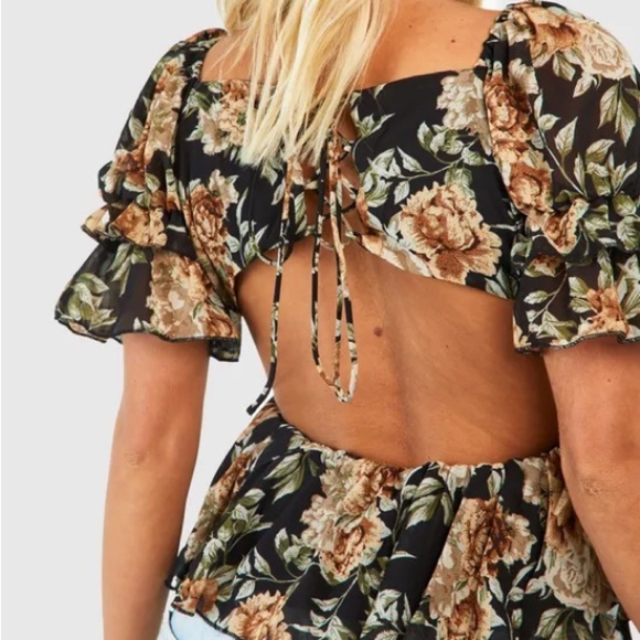 Boohoo Black and Brown Floral Open-Back Blouse - Picture 1 of 7